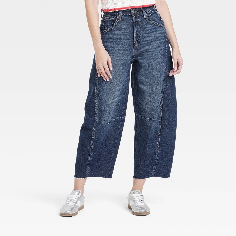 Women's Universal Thread High Rise Curved Leg Ankle Barrel Jeans Dark Wash Denim